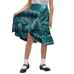 Waves Ocean Sea Tsunami Nautical Blue Sea Art Kids  Ruffle Flared Wrap Midi Skirt by uniart180623