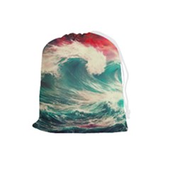 Storm Tsunami Waves Ocean Sea Nautical Nature Painting Drawstring Pouch (large) by uniart180623