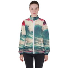 Storm Tsunami Waves Ocean Sea Nautical Nature Painting Women s High Neck Windbreaker by uniart180623