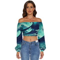 Ai Generated Waves Ocean Sea Tsunami Nautical Fantasy Long Sleeve Crinkled Weave Crop Top by uniart180623