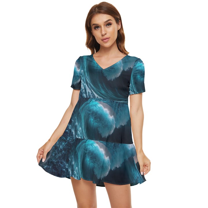 Tsunami Waves Ocean Sea Water Rough Seas Tiered Short Sleeve Babydoll Dress