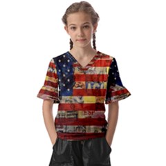 Usa Flag United States Kids  V-neck Horn Sleeve Blouse by uniart180623