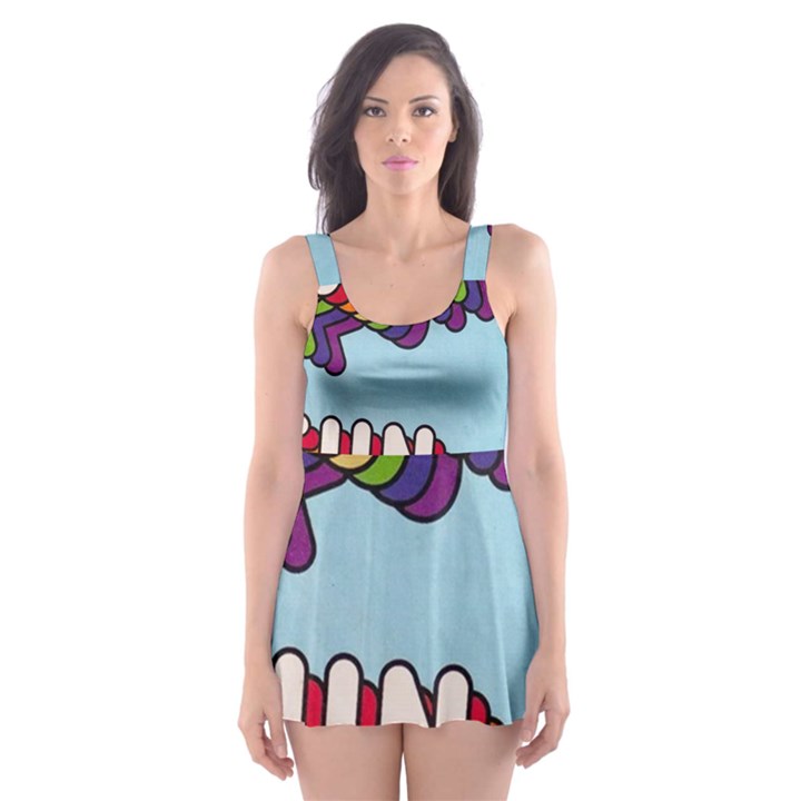 Fun Word Inscription Rainbow Pattern Skater Dress Swimsuit