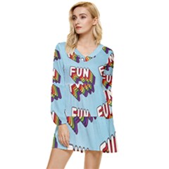 Fun Word Inscription Rainbow Pattern Tiered Long Sleeve Mini Dress by uniart180623