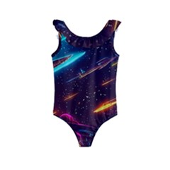 Night Sky Neon Spaceship Drawing Kids  Frill Swimsuit by Ravend