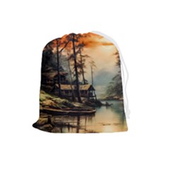 Fantasy Landscape Foggy Mysterious Drawstring Pouch (large) by Ravend