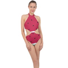 Minimalist Summer Watermelon Wallpaper Halter Side Cut Swimsuit by Ravend