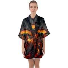 Dragon Art Fire Digital Fantasy Half Sleeve Satin Kimono  by Celenk