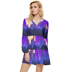 The Sun Night Music The City Background 80s, 80 s Synth Tiered Long Sleeve Mini Dress by uniart180623