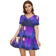 The Sun Night Music The City Background 80s, 80 s Synth Tiered Short Sleeve Babydoll Dress by uniart180623