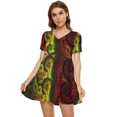 Green And Red Lights Wallpaper Fractal Digital Art Artwork Tiered Short Sleeve Babydoll Dress by uniart180623