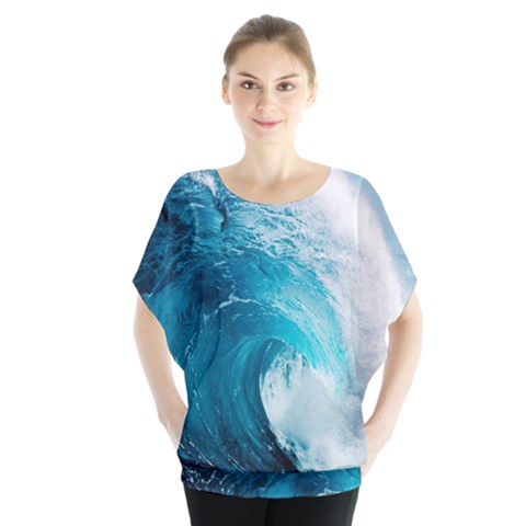 Tsunami Big Blue Wave Ocean Waves Water Batwing Chiffon Blouse by uniart180623