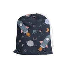 Space Background Illustration With Stars And Rocket Seamless Vector Pattern Drawstring Pouch (large) by uniart180623