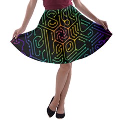 Circuit Hexagonal Geometric Pattern Background Pattern A-line Skater Skirt by Ndabl3x