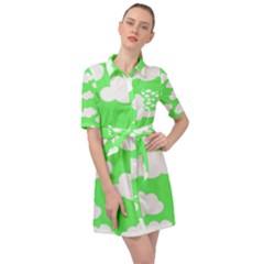 Green And White Cute Clouds  Belted Shirt Dress by ConteMonfrey