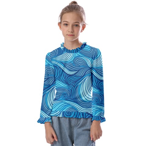 Ocean Waves Sea Abstract Pattern Water Blue Kids  Frill Detail Tee by Simbadda