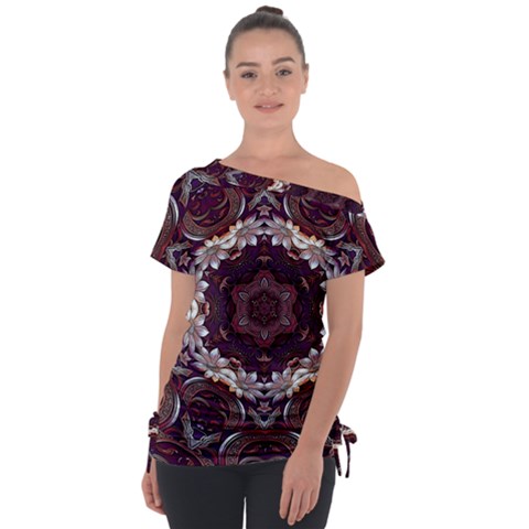 Rosette Kaleidoscope Mosaic Abstract Background Off Shoulder Tie-up Tee by Simbadda