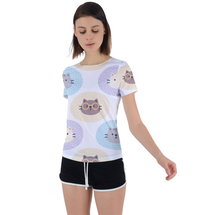 Cute Cat Seamless Pattern Background Back Circle Cutout Sports Tee