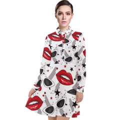 Red Lips Black Heels Pattern Long Sleeve Chiffon Shirt Dress by Simbadda