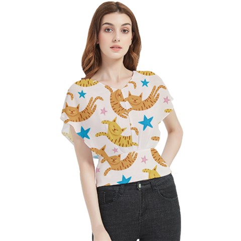 Cute Cats Seamless Pattern With Stars Funny Drawing Kittens Butterfly Chiffon Blouse by Simbadda