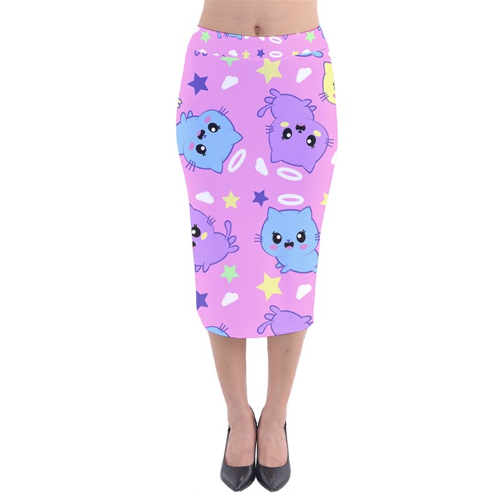 Seamless Pattern With Cute Kawaii Kittens Velvet Midi Pencil Skirt