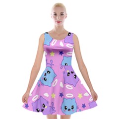 Seamless Pattern With Cute Kawaii Kittens Velvet Skater Dress by Simbadda