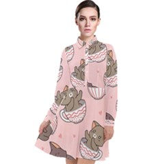 Seamless Pattern Adorable Cat Inside Cup Long Sleeve Chiffon Shirt Dress by Simbadda