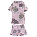 Seamless Pattern Adorable Cat Inside Cup Kids  Swim Tee and Shorts Set View1