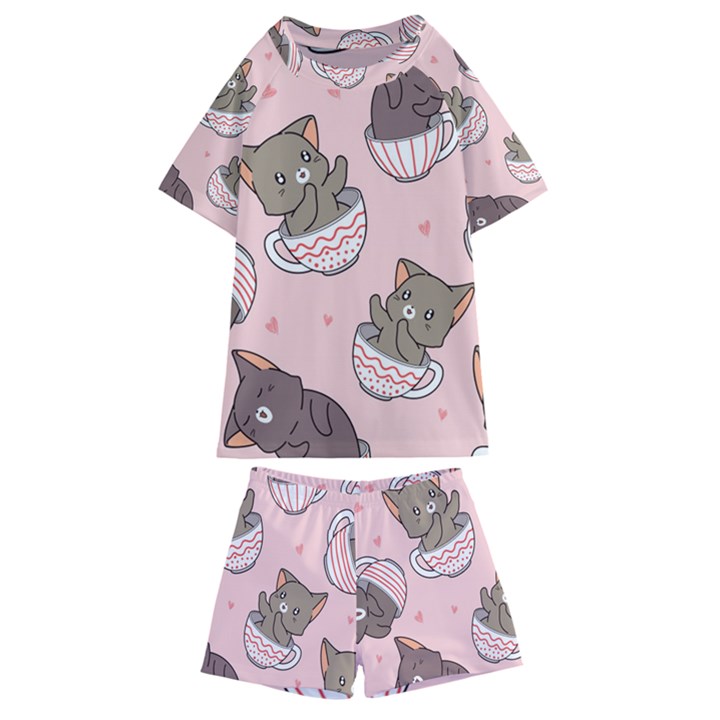 Seamless Pattern Adorable Cat Inside Cup Kids  Swim Tee and Shorts Set