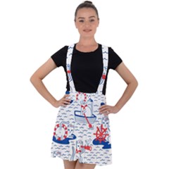 Nautical Cats Seamless Pattern Velvet Suspender Skater Skirt by Simbadda