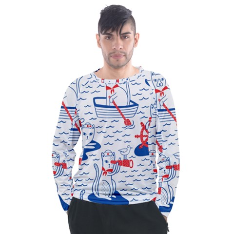 Nautical Cats Seamless Pattern Men s Long Sleeve Raglan Tee by Simbadda