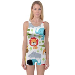 Seamless Pattern Vector With Animals Cartoon One Piece Boyleg Swimsuit by Simbadda