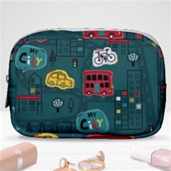 Seamless Pattern Hand Drawn With Vehicles Buildings Road Make Up Pouch (small) by Simbadda