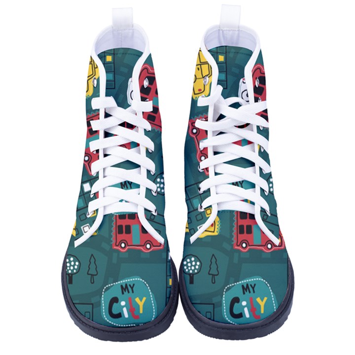 Seamless Pattern Hand Drawn With Vehicles Buildings Road Men s High-Top Canvas Sneakers