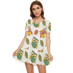 Background-with-owls-leaves-pattern Tiered Short Sleeve Babydoll Dress by Simbadda