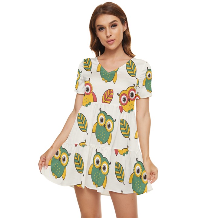 Background-with-owls-leaves-pattern Tiered Short Sleeve Babydoll Dress