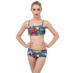 Seamless Pattern Vehicles Cartoon With Funny Drivers Layered Top Bikini Set by Simbadda