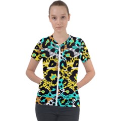 Seamless Leopard Wild Pattern Animal Print Short Sleeve Zip Up Jacket by Simbadda