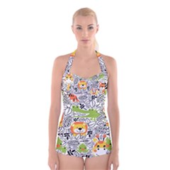 Seamless Pattern With Wildlife Cartoon Boyleg Halter Swimsuit  by Simbadda