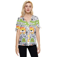 Seamless Pattern With Wildlife Cartoon Bow Sleeve Button Up Top by Simbadda