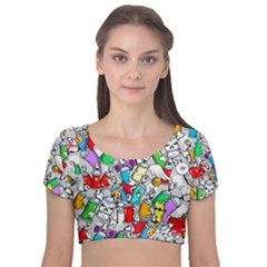 Graffiti Characters Seamless Pattern Velvet Short Sleeve Crop Top  by Simbadda