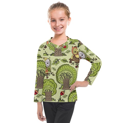 Seamless Pattern With Trees Owls Kids  Long Mesh Tee by Simbadda