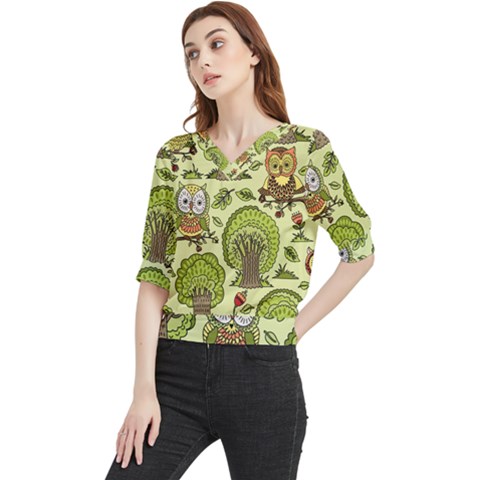 Seamless Pattern With Trees Owls Quarter Sleeve Blouse by Simbadda