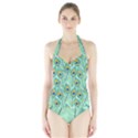 Lovely Peacock Feather Pattern With Flat Design Halter Swimsuit View1