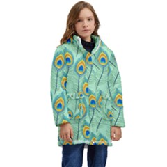 Lovely Peacock Feather Pattern With Flat Design Kids  Hooded Longline Puffer Jacket by Simbadda