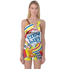 Colorful City Life Horizontal Seamless Pattern Urban City One Piece Boyleg Swimsuit by Simbadda