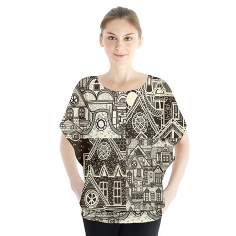 Four Hand Drawn City Patterns Batwing Chiffon Blouse by Simbadda