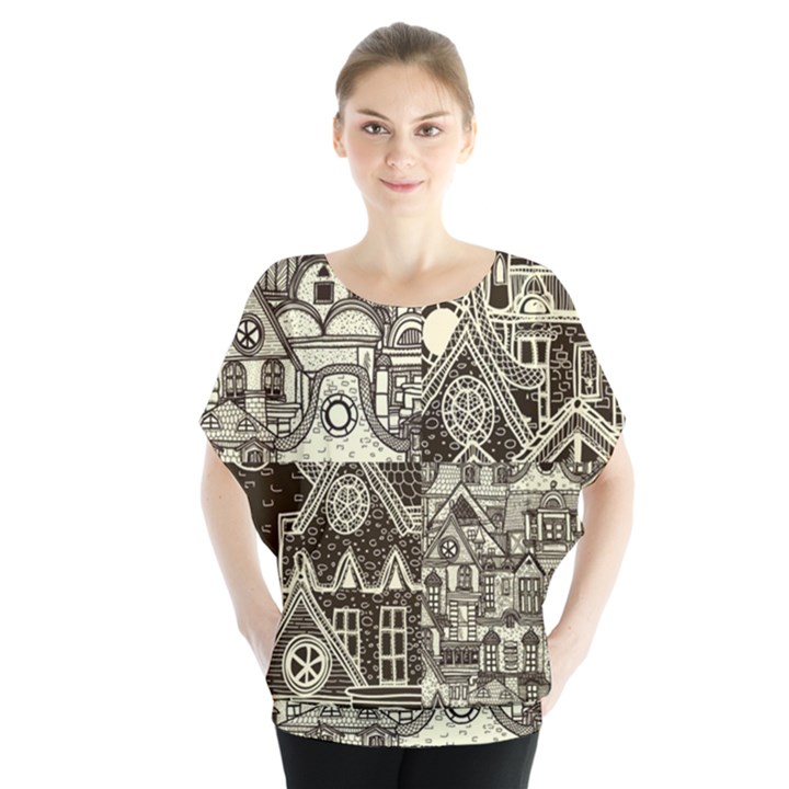 Four Hand Drawn City Patterns Batwing Chiffon Blouse