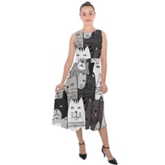 Cute Cat Hand Drawn Cartoon Style Midi Tie-back Chiffon Dress by Simbadda