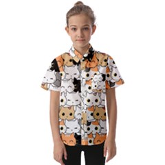 Cute-cat-kitten-cartoon-doodle-seamless-pattern Kids  Short Sleeve Shirt by Simbadda